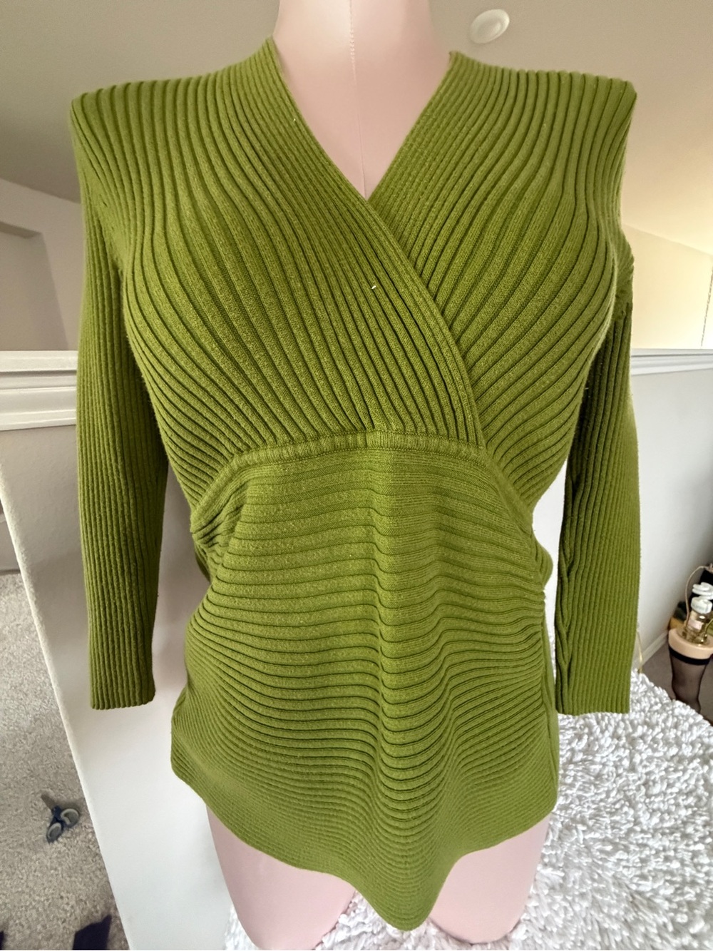 Women’s Olive Ribbed V-Neck Wrap Sweater